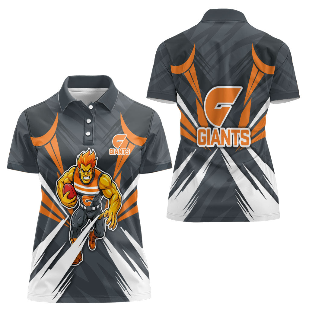Greater Western Sydney Giants Australian Football Women Polo Shirt Powerful Muscle Mascot With Geometric Sunburst Motion Art