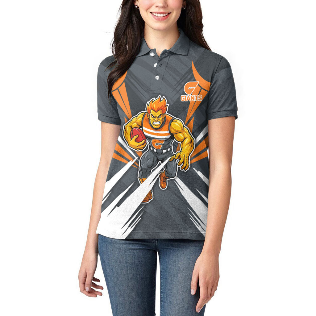 Greater Western Sydney Giants Australian Football Women Polo Shirt Powerful Muscle Mascot With Geometric Sunburst Motion Art