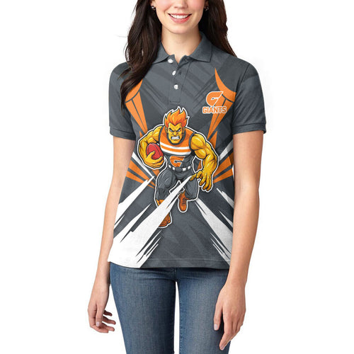 Greater Western Sydney Giants Australian Football Women Polo Shirt Powerful Muscle Mascot With Geometric Sunburst Motion Art