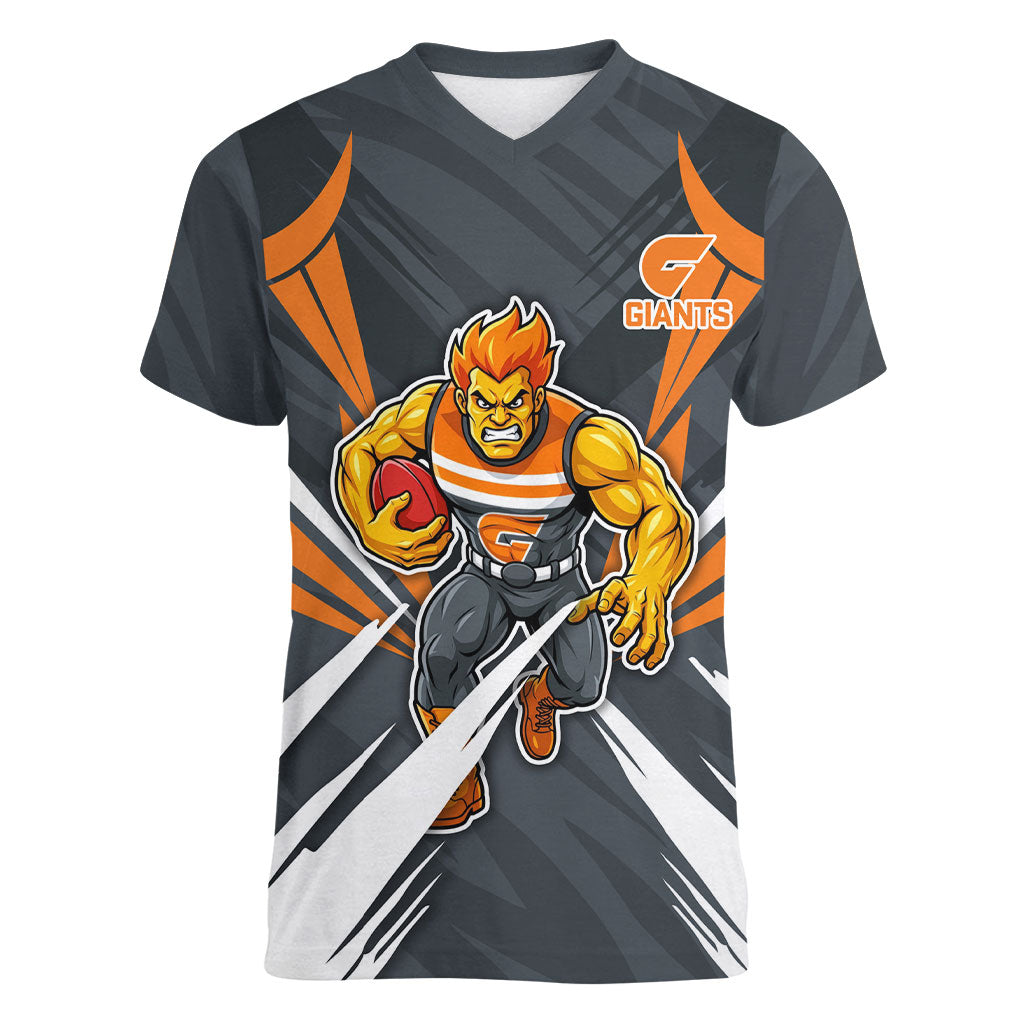 Greater Western Sydney Giants Australian Football Women V-Neck T-Shirt Powerful Muscle Mascot With Geometric Sunburst Motion Art