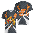 Greater Western Sydney Giants Australian Football Women V-Neck T-Shirt Powerful Muscle Mascot With Geometric Sunburst Motion Art