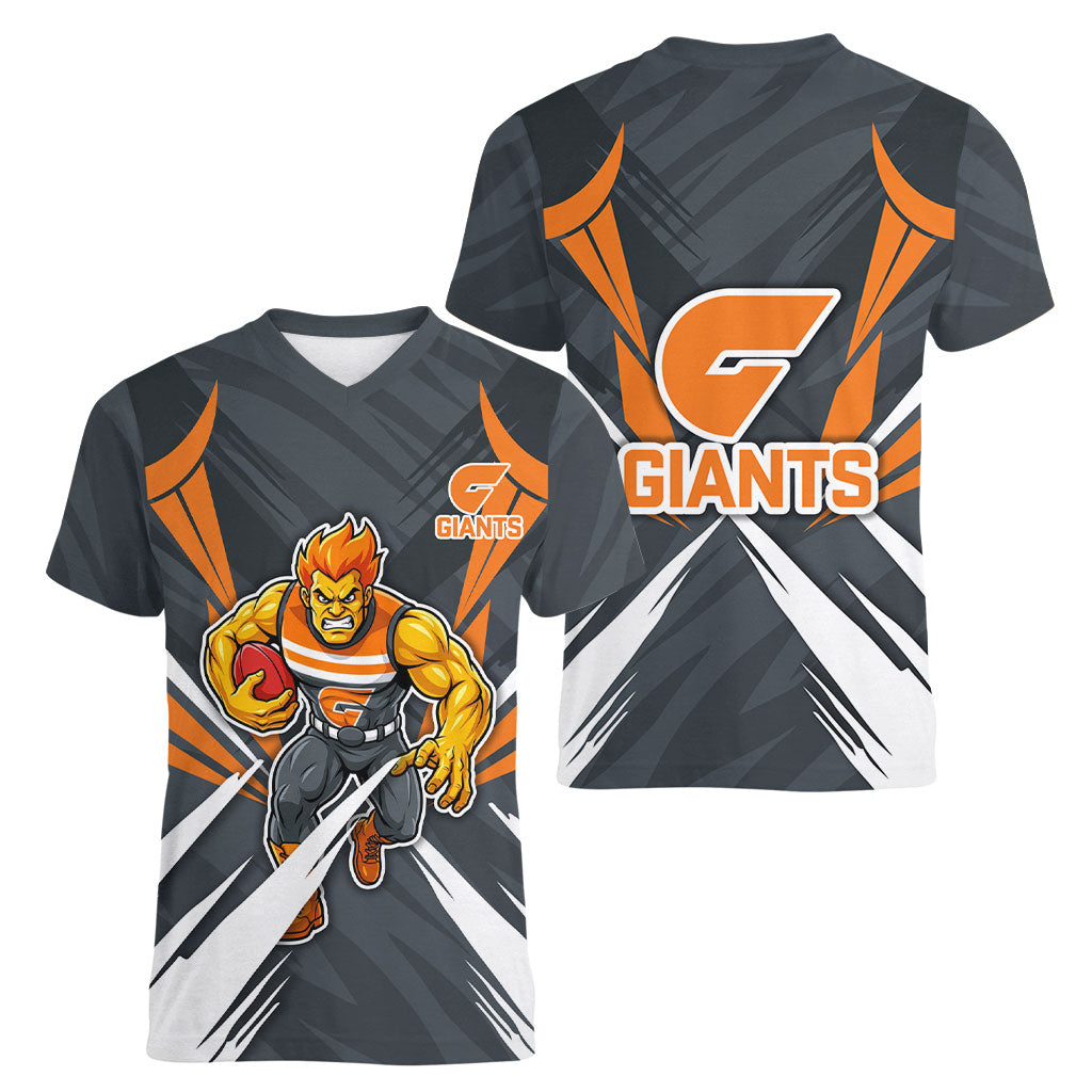 Greater Western Sydney Giants Australian Football Women V-Neck T-Shirt Powerful Muscle Mascot With Geometric Sunburst Motion Art