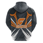 Greater Western Sydney Giants Australian Football Zip Hoodie Powerful Muscle Mascot With Geometric Sunburst Motion Art