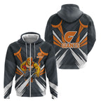 Greater Western Sydney Giants Australian Football Zip Hoodie Powerful Muscle Mascot With Geometric Sunburst Motion Art