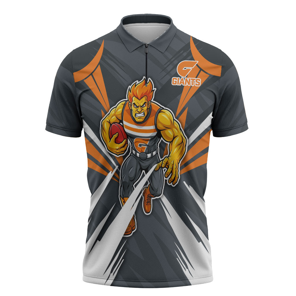 Greater Western Sydney Giants Australian Football Zipper Polo Shirt Powerful Muscle Mascot With Geometric Sunburst Motion Art