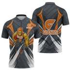 Greater Western Sydney Giants Australian Football Zipper Polo Shirt Powerful Muscle Mascot With Geometric Sunburst Motion Art