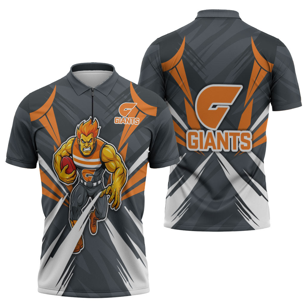 Greater Western Sydney Giants Australian Football Zipper Polo Shirt Powerful Muscle Mascot With Geometric Sunburst Motion Art