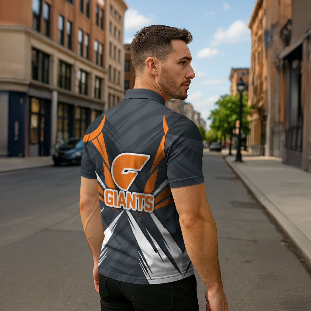 Greater Western Sydney Giants Australian Football Zipper Polo Shirt Powerful Muscle Mascot With Geometric Sunburst Motion Art