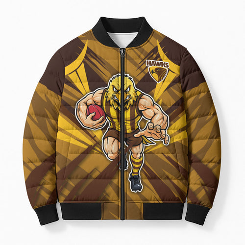 Hawthorn Hawks Australian Football Bomber Puffer Jacket Fierce Bird Mascot - Bold Team Colors