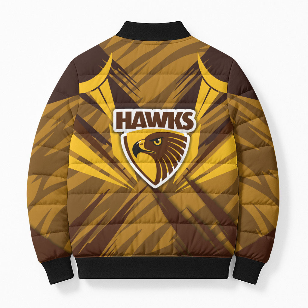 Hawthorn Hawks Australian Football Bomber Puffer Jacket Fierce Bird Mascot - Bold Team Colors