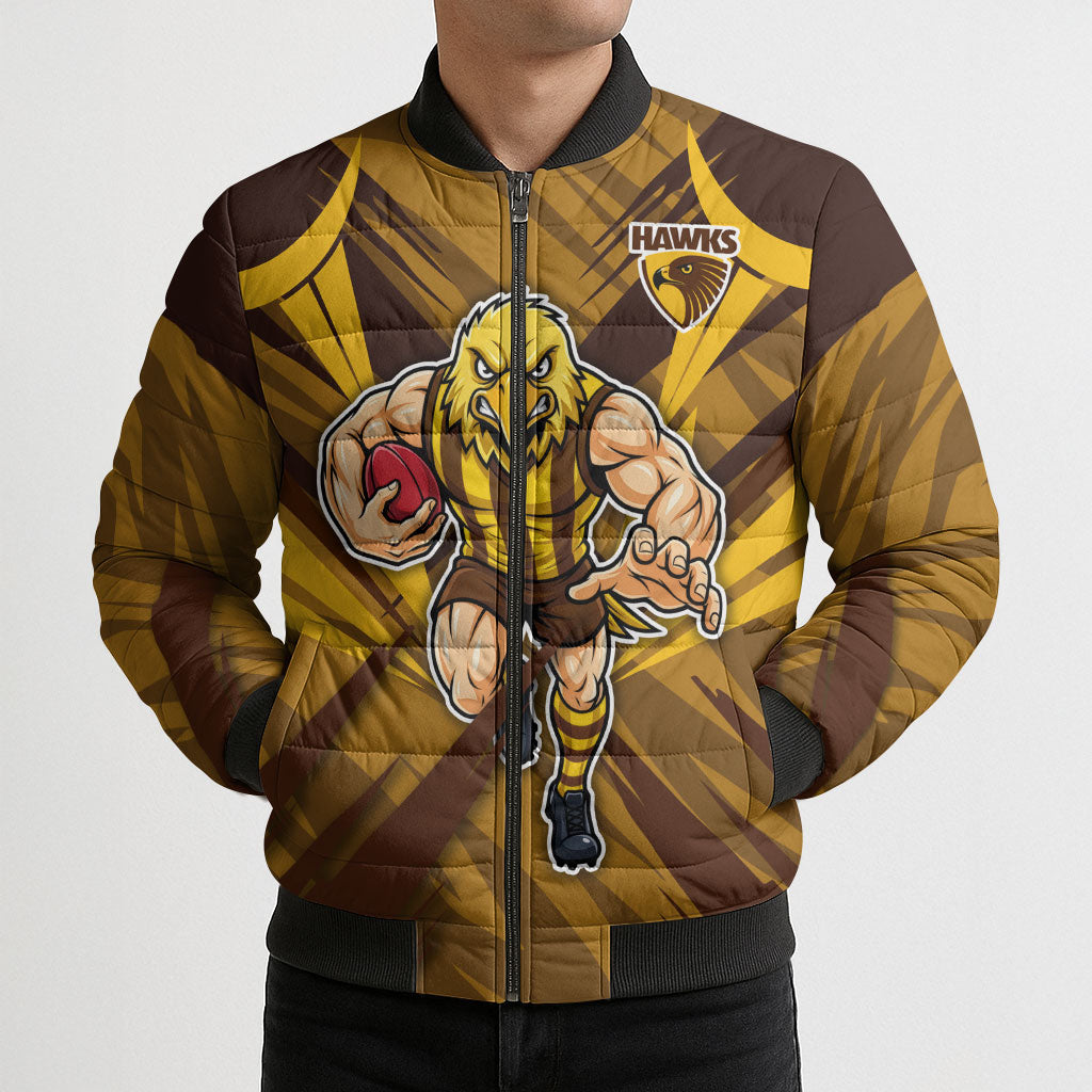 Hawthorn Hawks Australian Football Bomber Puffer Jacket Fierce Bird Mascot - Bold Team Colors
