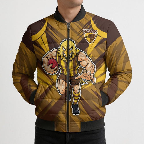 Hawthorn Hawks Australian Football Bomber Puffer Jacket Fierce Bird Mascot - Bold Team Colors