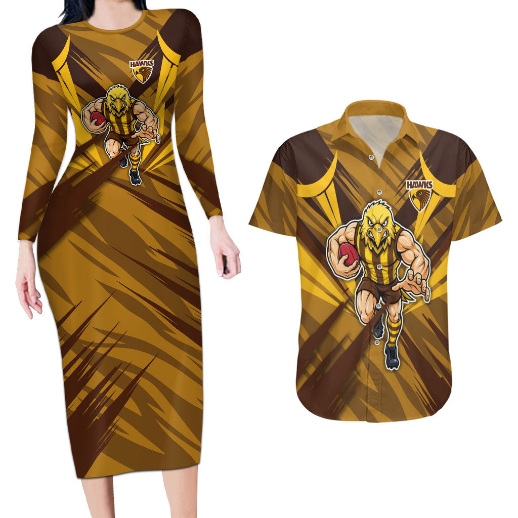 Hawthorn Hawks Australian Football Couples Matching Long Sleeve Bodycon Dress and Hawaiian Shirt Fierce Bird Mascot - Bold Team Colors