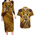Hawthorn Hawks Australian Football Couples Matching Long Sleeve Bodycon Dress and Hawaiian Shirt Fierce Bird Mascot - Bold Team Colors