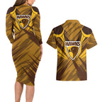 Hawthorn Hawks Australian Football Couples Matching Long Sleeve Bodycon Dress and Hawaiian Shirt Fierce Bird Mascot - Bold Team Colors