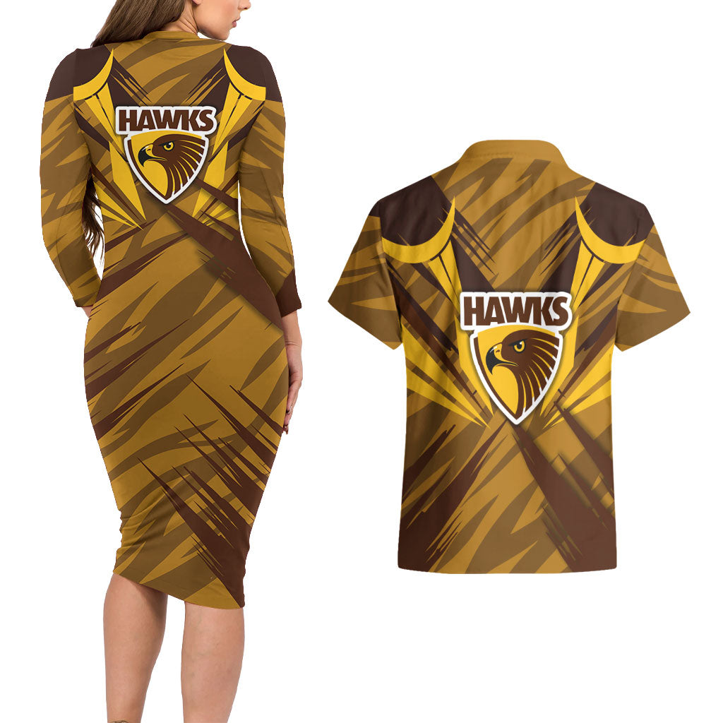Hawthorn Hawks Australian Football Couples Matching Long Sleeve Bodycon Dress and Hawaiian Shirt Fierce Bird Mascot - Bold Team Colors