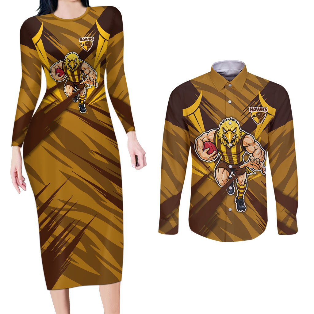 Hawthorn Hawks Australian Football Couples Matching Long Sleeve Bodycon Dress and Long Sleeve Button Shirt Fierce Bird Mascot - Bold Team Colors