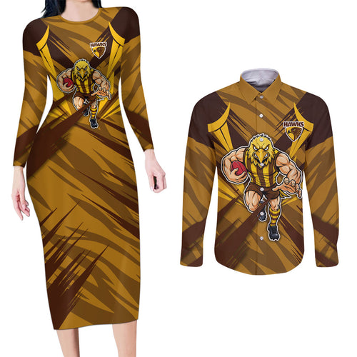 Hawthorn Hawks Australian Football Couples Matching Long Sleeve Bodycon Dress and Long Sleeve Button Shirt Fierce Bird Mascot - Bold Team Colors