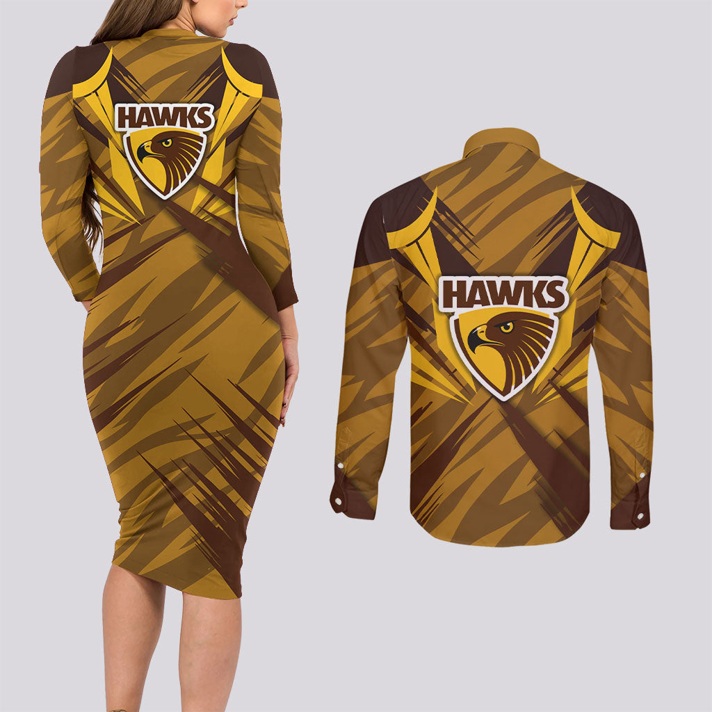 Hawthorn Hawks Australian Football Couples Matching Long Sleeve Bodycon Dress and Long Sleeve Button Shirt Fierce Bird Mascot - Bold Team Colors