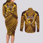 Hawthorn Hawks Australian Football Couples Matching Long Sleeve Bodycon Dress and Long Sleeve Button Shirt Fierce Bird Mascot - Bold Team Colors