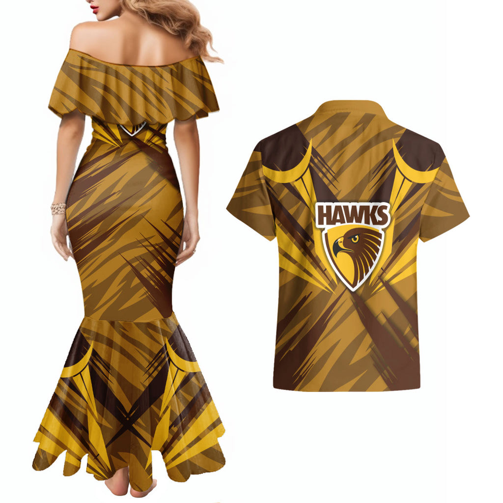 Hawthorn Hawks Australian Football Couples Matching Mermaid Dress and Hawaiian Shirt Fierce Bird Mascot - Bold Team Colors