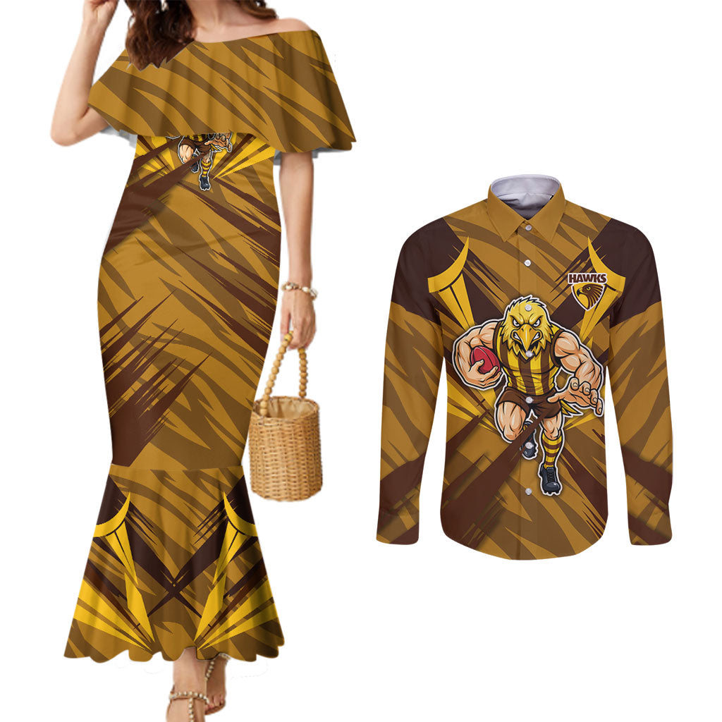 Hawthorn Hawks Australian Football Couples Matching Mermaid Dress and Long Sleeve Button Shirt Fierce Bird Mascot - Bold Team Colors