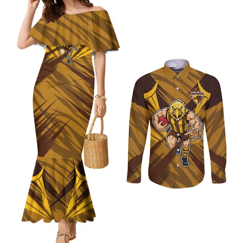Hawthorn Hawks Australian Football Couples Matching Mermaid Dress and Long Sleeve Button Shirt Fierce Bird Mascot - Bold Team Colors