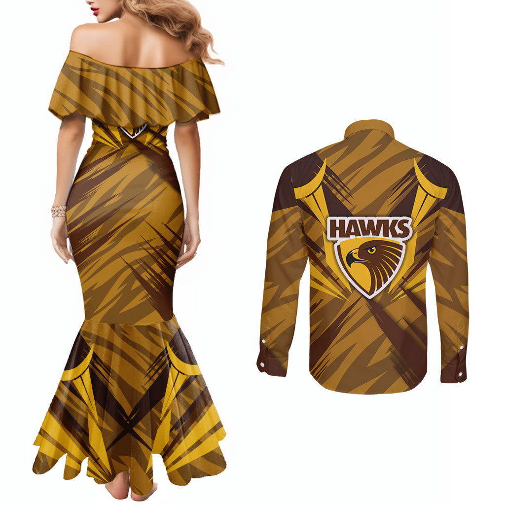 Hawthorn Hawks Australian Football Couples Matching Mermaid Dress and Long Sleeve Button Shirt Fierce Bird Mascot - Bold Team Colors