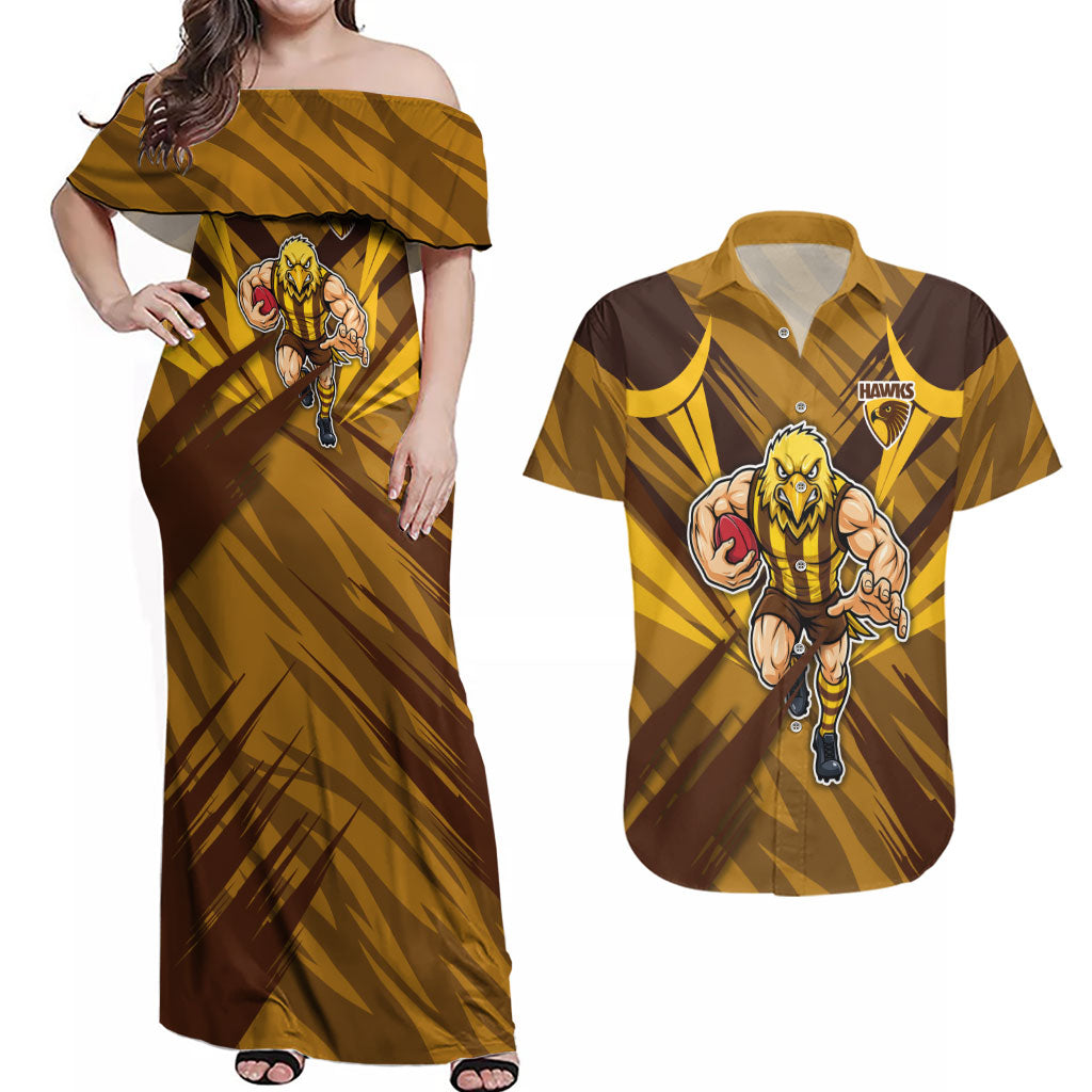 Hawthorn Hawks Australian Football Couples Matching Off Shoulder Maxi Dress and Hawaiian Shirt Fierce Bird Mascot - Bold Team Colors
