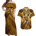 Hawthorn Hawks Australian Football Couples Matching Off Shoulder Maxi Dress and Hawaiian Shirt Fierce Bird Mascot - Bold Team Colors