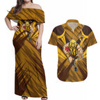 Hawthorn Hawks Australian Football Couples Matching Off Shoulder Maxi Dress and Hawaiian Shirt Fierce Bird Mascot - Bold Team Colors