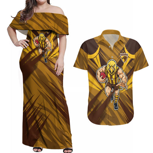 Hawthorn Hawks Australian Football Couples Matching Off Shoulder Maxi Dress and Hawaiian Shirt Fierce Bird Mascot - Bold Team Colors