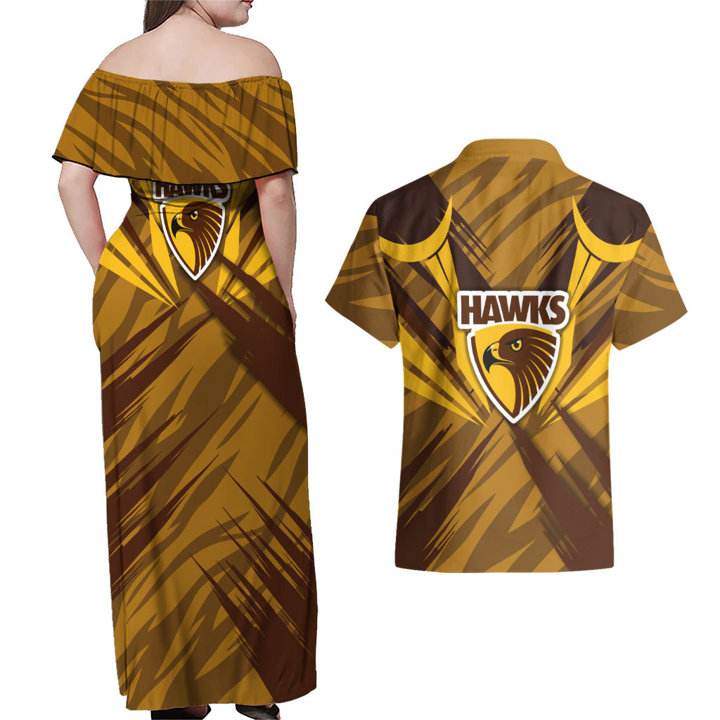 Hawthorn Hawks Australian Football Couples Matching Off Shoulder Maxi Dress and Hawaiian Shirt Fierce Bird Mascot - Bold Team Colors