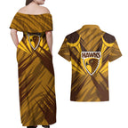 Hawthorn Hawks Australian Football Couples Matching Off Shoulder Maxi Dress and Hawaiian Shirt Fierce Bird Mascot - Bold Team Colors