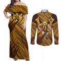 Hawthorn Hawks Australian Football Couples Matching Off Shoulder Maxi Dress and Long Sleeve Button Shirt Fierce Bird Mascot - Bold Team Colors