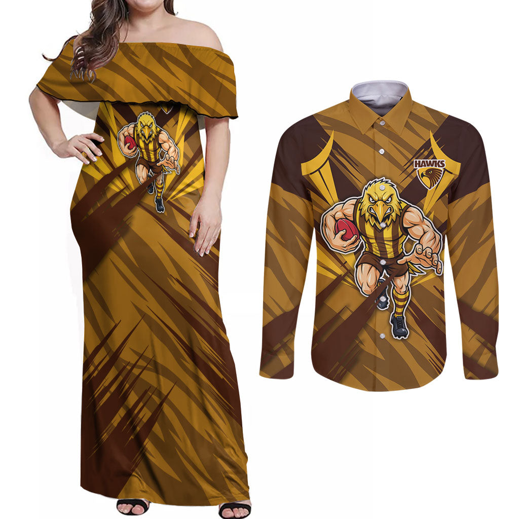 Hawthorn Hawks Australian Football Couples Matching Off Shoulder Maxi Dress and Long Sleeve Button Shirt Fierce Bird Mascot - Bold Team Colors