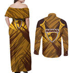 Hawthorn Hawks Australian Football Couples Matching Off Shoulder Maxi Dress and Long Sleeve Button Shirt Fierce Bird Mascot - Bold Team Colors