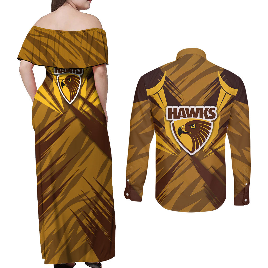 Hawthorn Hawks Australian Football Couples Matching Off Shoulder Maxi Dress and Long Sleeve Button Shirt Fierce Bird Mascot - Bold Team Colors