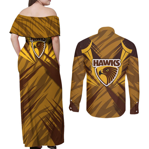 Hawthorn Hawks Australian Football Couples Matching Off Shoulder Maxi Dress and Long Sleeve Button Shirt Fierce Bird Mascot - Bold Team Colors