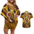Hawthorn Hawks Australian Football Couples Matching Off Shoulder Short Dress and Hawaiian Shirt Fierce Bird Mascot - Bold Team Colors