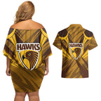 Hawthorn Hawks Australian Football Couples Matching Off Shoulder Short Dress and Hawaiian Shirt Fierce Bird Mascot - Bold Team Colors
