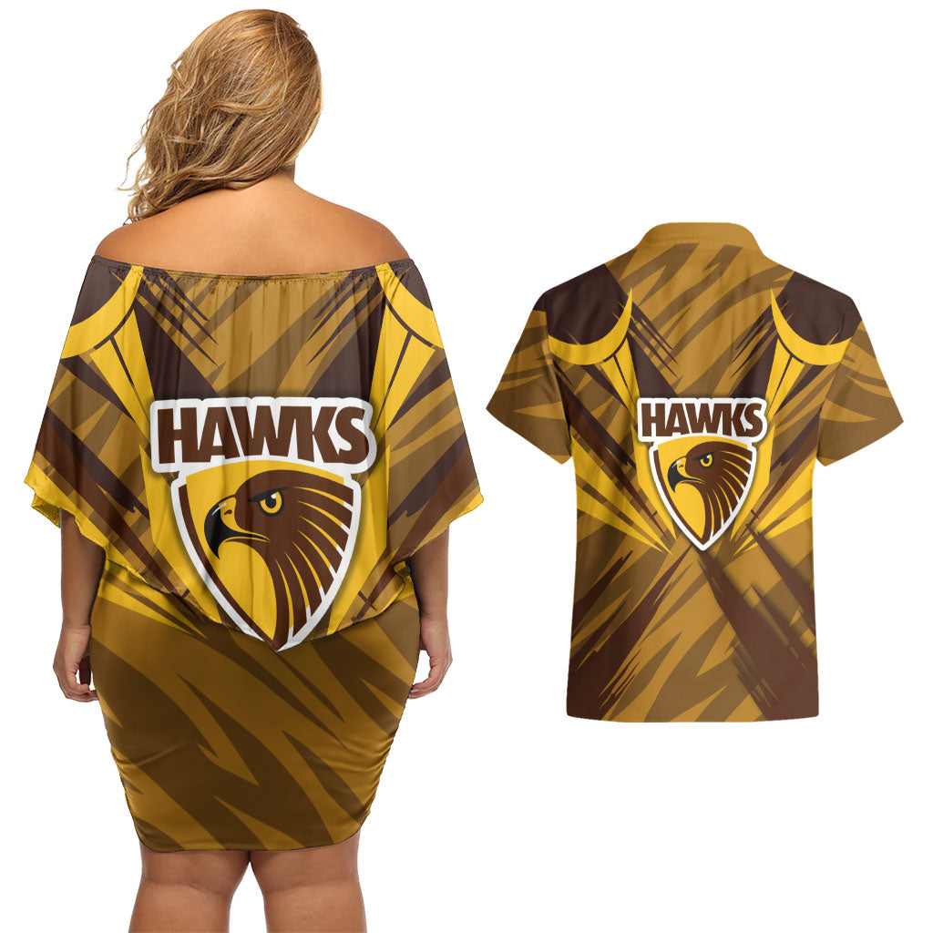 Hawthorn Hawks Australian Football Couples Matching Off Shoulder Short Dress and Hawaiian Shirt Fierce Bird Mascot - Bold Team Colors