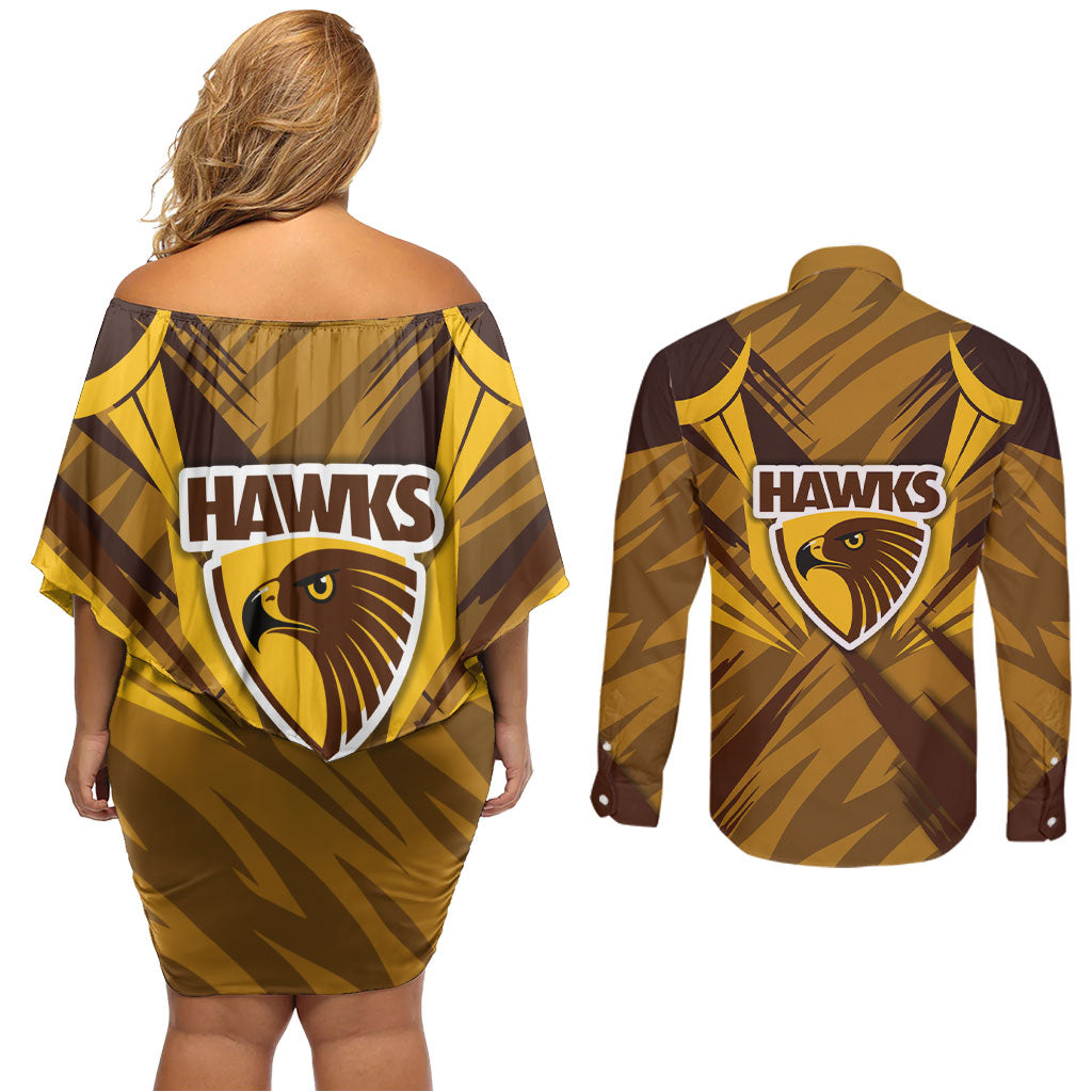 Hawthorn Hawks Australian Football Couples Matching Off Shoulder Short Dress and Long Sleeve Button Shirt Fierce Bird Mascot - Bold Team Colors