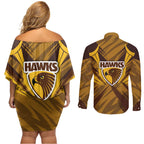 Hawthorn Hawks Australian Football Couples Matching Off Shoulder Short Dress and Long Sleeve Button Shirt Fierce Bird Mascot - Bold Team Colors
