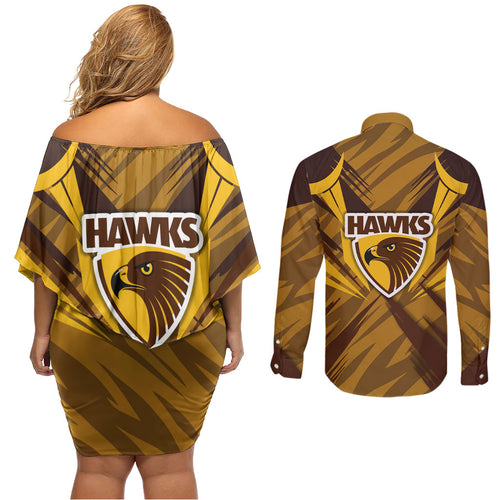 Hawthorn Hawks Australian Football Couples Matching Off Shoulder Short Dress and Long Sleeve Button Shirt Fierce Bird Mascot - Bold Team Colors