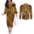 Hawthorn Hawks Australian Football Couples Matching Off The Shoulder Long Sleeve Dress and Long Sleeve Button Shirt Fierce Bird Mascot - Bold Team Colors