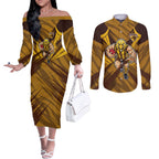 Hawthorn Hawks Australian Football Couples Matching Off The Shoulder Long Sleeve Dress and Long Sleeve Button Shirt Fierce Bird Mascot - Bold Team Colors
