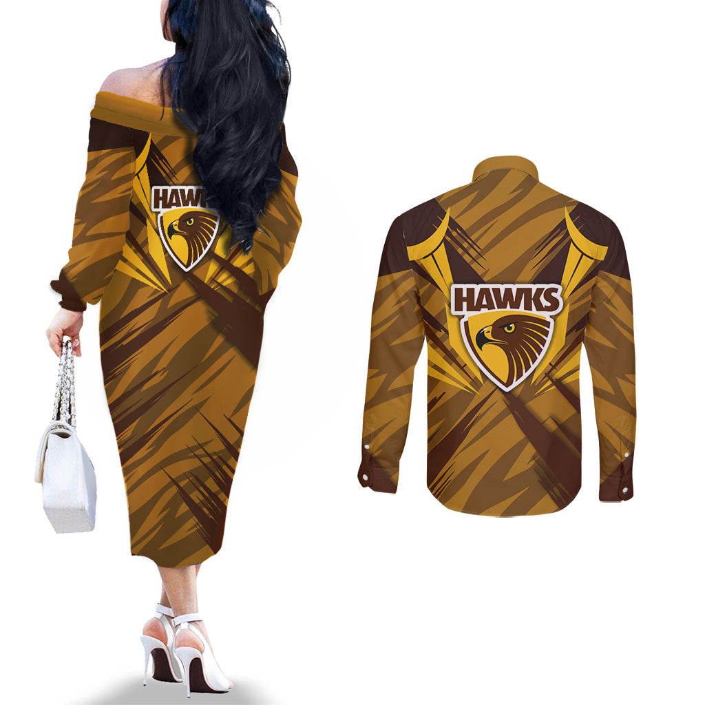 Hawthorn Hawks Australian Football Couples Matching Off The Shoulder Long Sleeve Dress and Long Sleeve Button Shirt Fierce Bird Mascot - Bold Team Colors