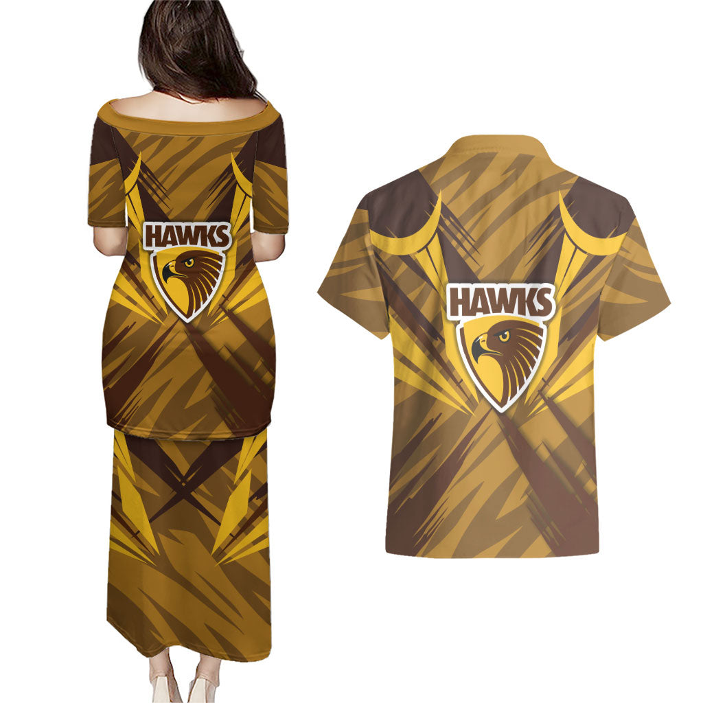 Hawthorn Hawks Australian Football Couples Matching Puletasi and Hawaiian Shirt Fierce Bird Mascot - Bold Team Colors