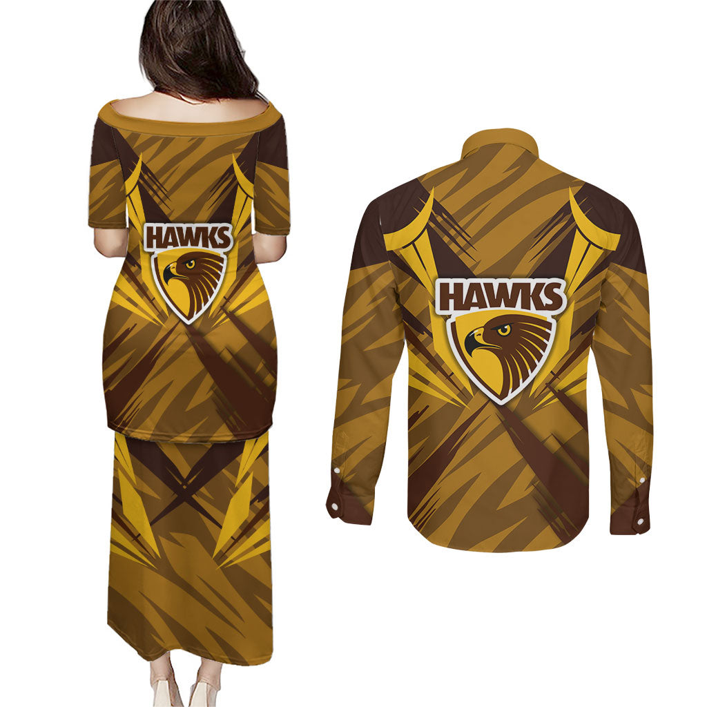 Hawthorn Hawks Australian Football Couples Matching Puletasi and Long Sleeve Button Shirt Fierce Bird Mascot - Bold Team Colors